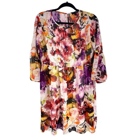 New Woman's Versona Ice Floral Dress Size Large Flowy Lined Ruched Sheer‎ Brunch - Picture 1 of 9